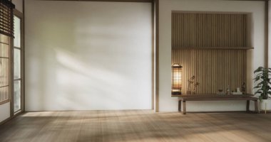 Boş oda, temiz Japon tarzı geleneksel ahşap dizayn minimalist oda iç dekorasyonu, 3D