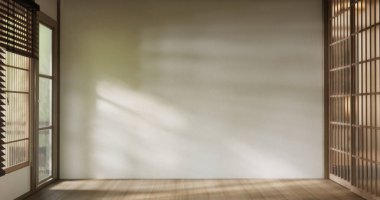 Boş oda, temiz Japon tarzı geleneksel ahşap dizayn minimalist oda iç dekorasyonu, 3D