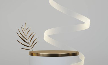 ürün görüntüleme standı minimal geometrik beyaz ve altın 3D oluşturma