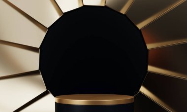 ürün gösterim standı minimal geometrik siyah ve 3D oluşturma