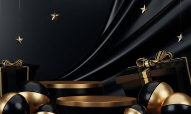 ürün gösterim standı minimal geometrik siyah ve 3D oluşturma