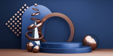 Moda ürünleri arka planında iki ton moka ve mavi sahne arkası boş podyum görüntüsü.