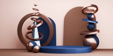 Moda ürünleri arka planında iki ton moka ve mavi sahne arkası boş podyum görüntüsü.