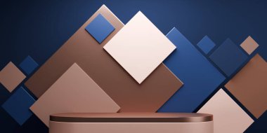 Moda ürünleri arka planında iki ton moka ve mavi sahne arkası boş podyum görüntüsü.