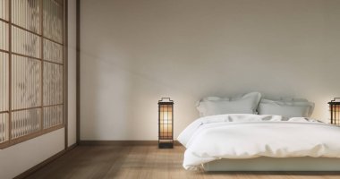 Yatak odası çok az. Modern beyaz duvar ve ahşap zemin, oda minimalisti..