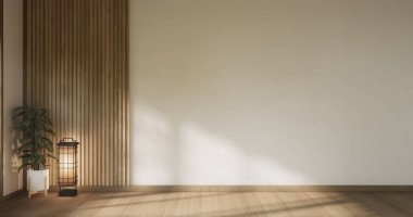 Sahne boş modern Japon bomboş, oda beyaz duvar ahşap döşeme iç tasarım.