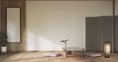 Modern japan Alçak masa ve yastık oda minimalist sahne dekorasyonlu muji tarzı.