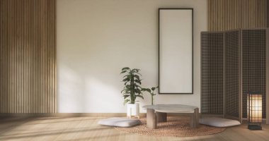 Modern japan Alçak masa ve yastık oda minimalist sahne dekorasyonlu muji tarzı.