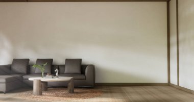 Sahne oturma odasında kanepe ve dekorasyon ahşap Japon minimalist tasarımı var..