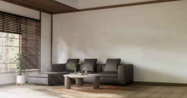 Sahne oturma odasında kanepe ve dekorasyon ahşap Japon minimalist tasarımı var..