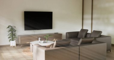 Sahne oturma odasında kanepe ve dekorasyon ahşap Japon minimalist tasarımı var..