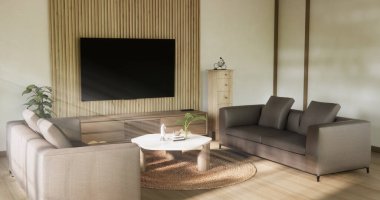 Sahne oturma odasında kanepe ve dekorasyon ahşap Japon minimalist tasarımı var..
