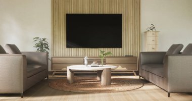 Sahne oturma odasında kanepe ve dekorasyon ahşap Japon minimalist tasarımı var..