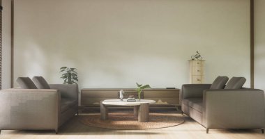 Sahne oturma odasında kanepe ve dekorasyon ahşap Japon minimalist tasarımı var..