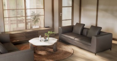 Sahne oturma odasında kanepe ve dekorasyon ahşap Japon minimalist tasarımı var..