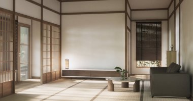 Sahne oturma odasında kanepe ve dekorasyon ahşap Japon minimalist tasarımı var..