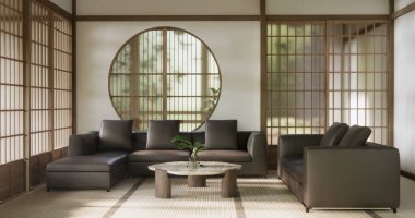 Sahne oturma odasında kanepe ve dekorasyon ahşap Japon minimalist tasarımı var..