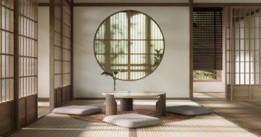 Modern japan Alçak masa ve yastık oda minimalist sahne dekorasyonlu muji tarzı.
