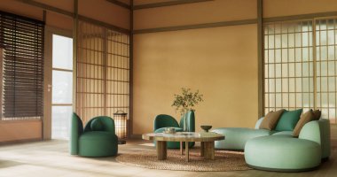 Mocha konsepti sahne oturma odası yeşil kanepe ve dekorasyon ahşap minimalist tasarım, oda japon tarzı.
