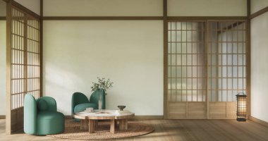 Sahne oturma odasında kanepe ve dekorasyon ahşap Japon minimalist tasarımı var..