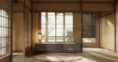 Kahverengi ışık odası sahnesinde modern kabine ahşap tasarımı.