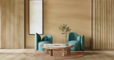 Mocha konsepti sahne oturma odası yeşil kanepe ve dekorasyon ahşap minimalist tasarım, oda japon tarzı.