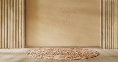 Sahne boş modern Japon bomboş, oda kahverengi ışık duvarı ahşap zemin iç tasarımı