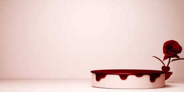 Kırmızı sevgililer günü tarzı ürün podyumu boş arkaplanlı. 3d oluşturma