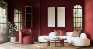 Sevgililer günü japon tarzı oturma odasında kırmızı kanepe..