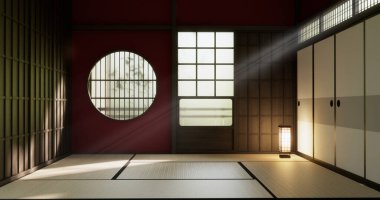 İç renk kırmızı oda integrali. Tatami mat 3D döşemeli.