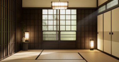 Lamba ve tatami paspas ile dekore edilmiş modern Japon tarzı boş oda.