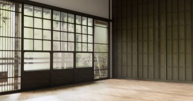 Oda ve Japon kapısı Pencere ışığından dışarı bakıyor.