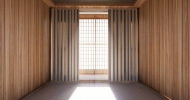 Boş sahne kiremitleri küçük banyoda ahşap duvar tasarımı. 3B illüstrasyon oluşturma