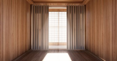 Boş sahne kiremitleri küçük banyoda ahşap duvar tasarımı. 3B illüstrasyon oluşturma