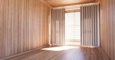 Boş sahne kiremitleri küçük banyoda ahşap duvar tasarımı. 3B illüstrasyon oluşturma