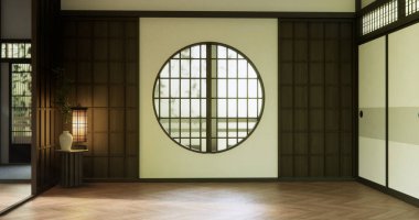 Oda ve Japon kapısı Pencere ışığından dışarı bakıyor.