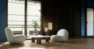 Modern oturma odasında Japon alçak masa ve yastığı olan mavi siyah konsept renkli..