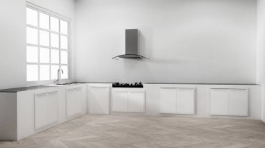 Beyaz mutfak sahnesi ve mutfak tasarımı. 3d oluşturma