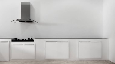 Beyaz mutfak sahnesi ve mutfak tasarımı. 3d oluşturma