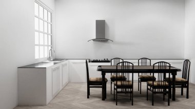 Mutfak odasındaki beyaz tonlu fayanslar modern 3D görüntüleme