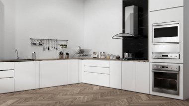Beyaz mutfak sahnesi ve mutfak tasarımı. 3d oluşturma