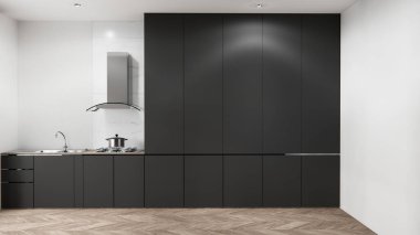 Boş konsept mutfak sahnesi modeli ve mutfak tasarımını ayarla. 3d oluşturma