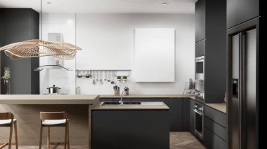 Set mutfağındaki siyah stil mutfak modern şekil beyaz ve ahşap konsept. 3d oluşturma