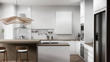 Mutfak seti, modern biçimli beyaz ve ahşap konsept. 3d oluşturma