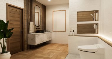 Modern zen tuvaletinde beyaz tuvalet ve dekoarsyon 3D yapım.