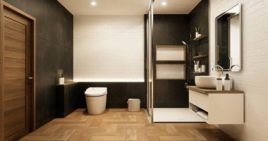 İki ton siyah-beyaz banyo sahnesi duş, tuvalet ve modern tuvalet dekorasyonlu Japon tarzı 3D.