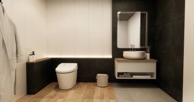 İki ton siyah-beyaz banyo sahnesi duş, tuvalet ve modern tuvalet dekorasyonlu Japon tarzı 3D.
