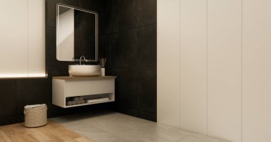 İki ton siyah-beyaz banyo sahnesi duş, tuvalet ve modern tuvalet dekorasyonlu Japon tarzı 3D.