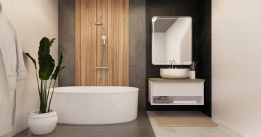 İki ton siyah-beyaz banyo sahnesi duş, tuvalet ve modern tuvalet dekorasyonlu Japon tarzı 3D.
