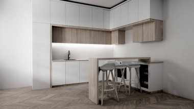 Mutfak seti, modern biçimli beyaz ve ahşap konsept. 3d oluşturma